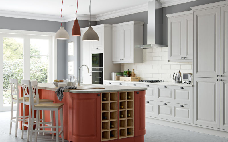 Colourful Kitchen - Kitchen Design Ideas - Terracotta coloured island with white cabinets on the other side of the room