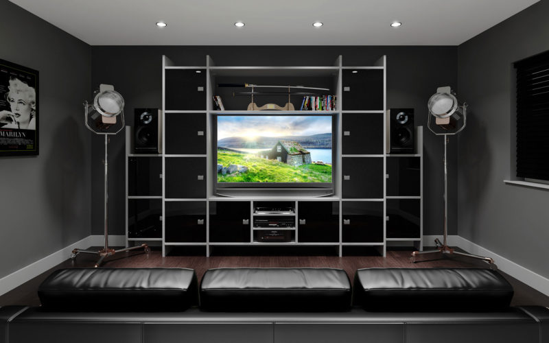 Dark grey and black living room. There is a built in TV unit which consists of white and black, one display section which is above the TV, the rest is behind doors.
