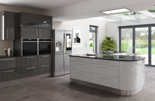 A modern kitchen with both white and slate grey cabinetry, a curved central island, double fridge and double doors
