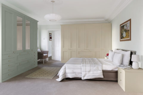 Bespoke Fitted Wardrobes. One painted in green and one in oyster, which is cream.