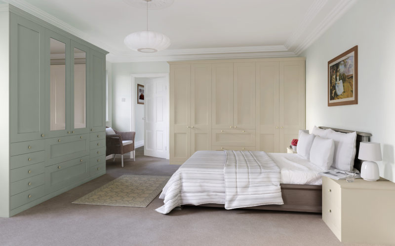 Bespoke Fitted Wardrobes. One painted in green and one in oyster, which is cream.