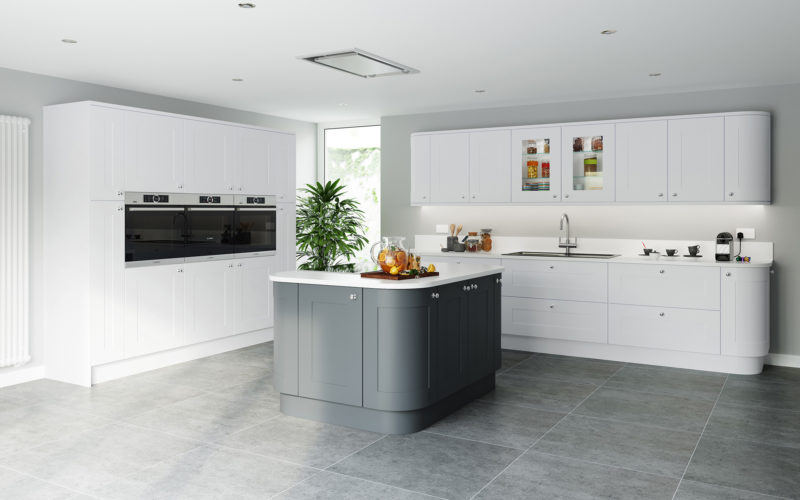 Modern white and dark grey kitchen. The island is in dark grey and all other cabinets around the room are in white.