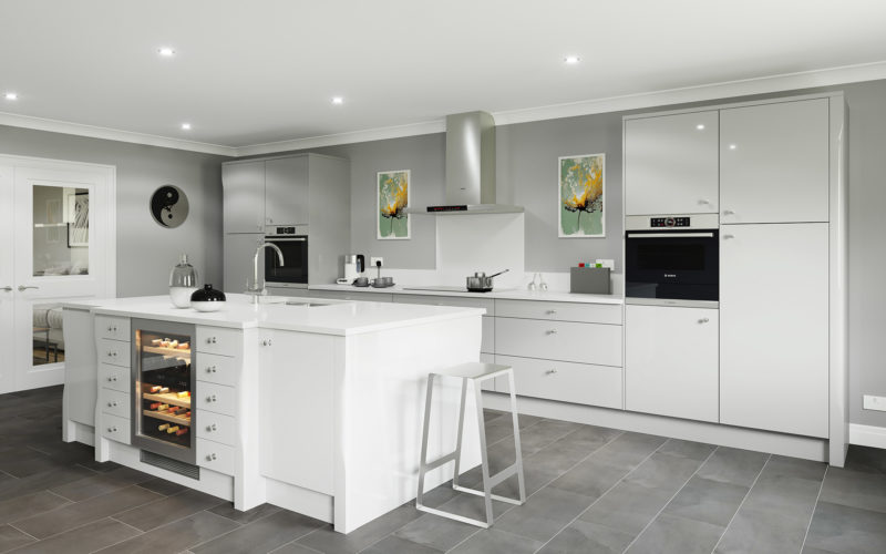 White gloss modern kitchen with a matching kitchen island.