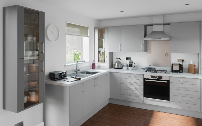 Stone grey kitchen units with a white top. With a floating display cupboard to the left.