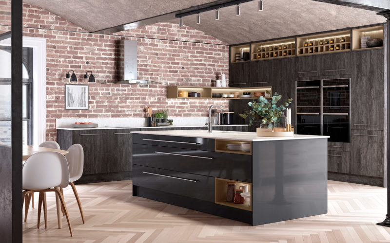 Modern kitchen with brick walls. Dark grey gloss island with white countertop and grey wood cabinets