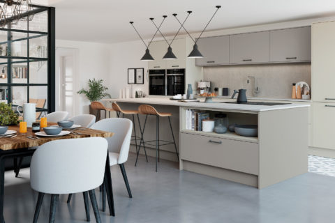 Modern kitchen with stone coloured island and matching cabinets.