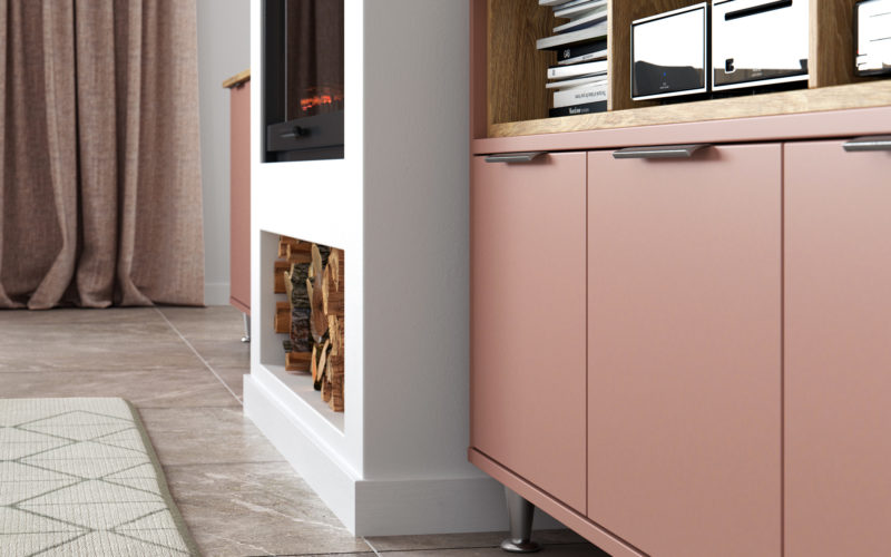 Blush freestanding cabinet with modern white fireplace