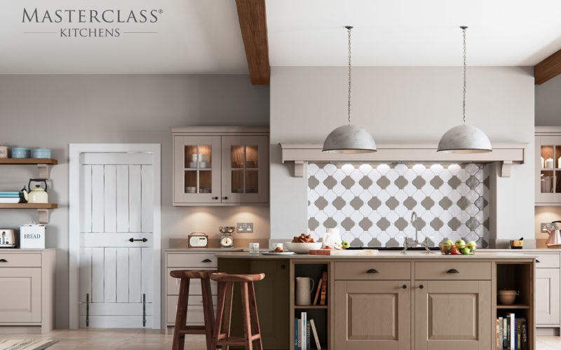 Traditional kitchen with white, grey and brown accents. Showcasing the times over the cooker and the kitchen island which is a light brown colour.