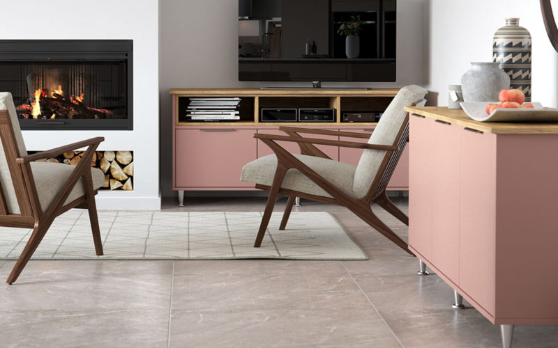 Freestanding TV unit and cabinet in blush pink