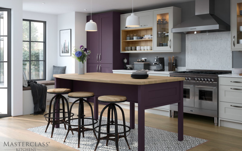 Purple island with wood countertop with seats along one side with a matching long cupboard