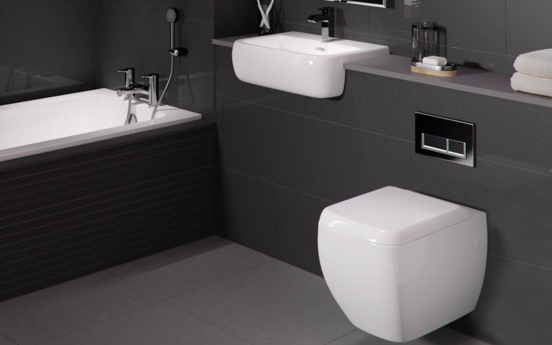 Dark grey tiled bathroom with floating white toilet and built in curved sink